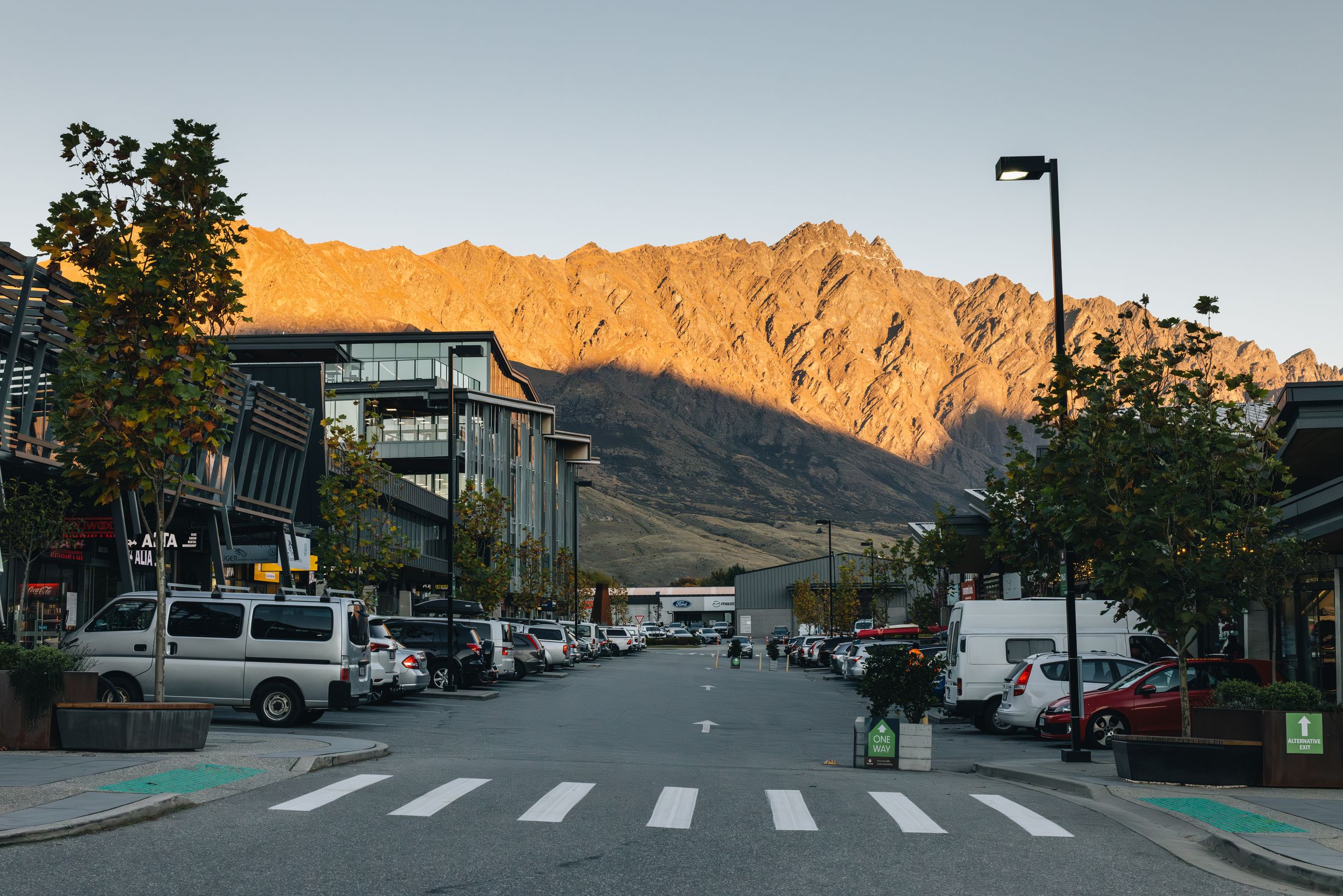 Five Mile precinct at golden hour with the Remarkables behind