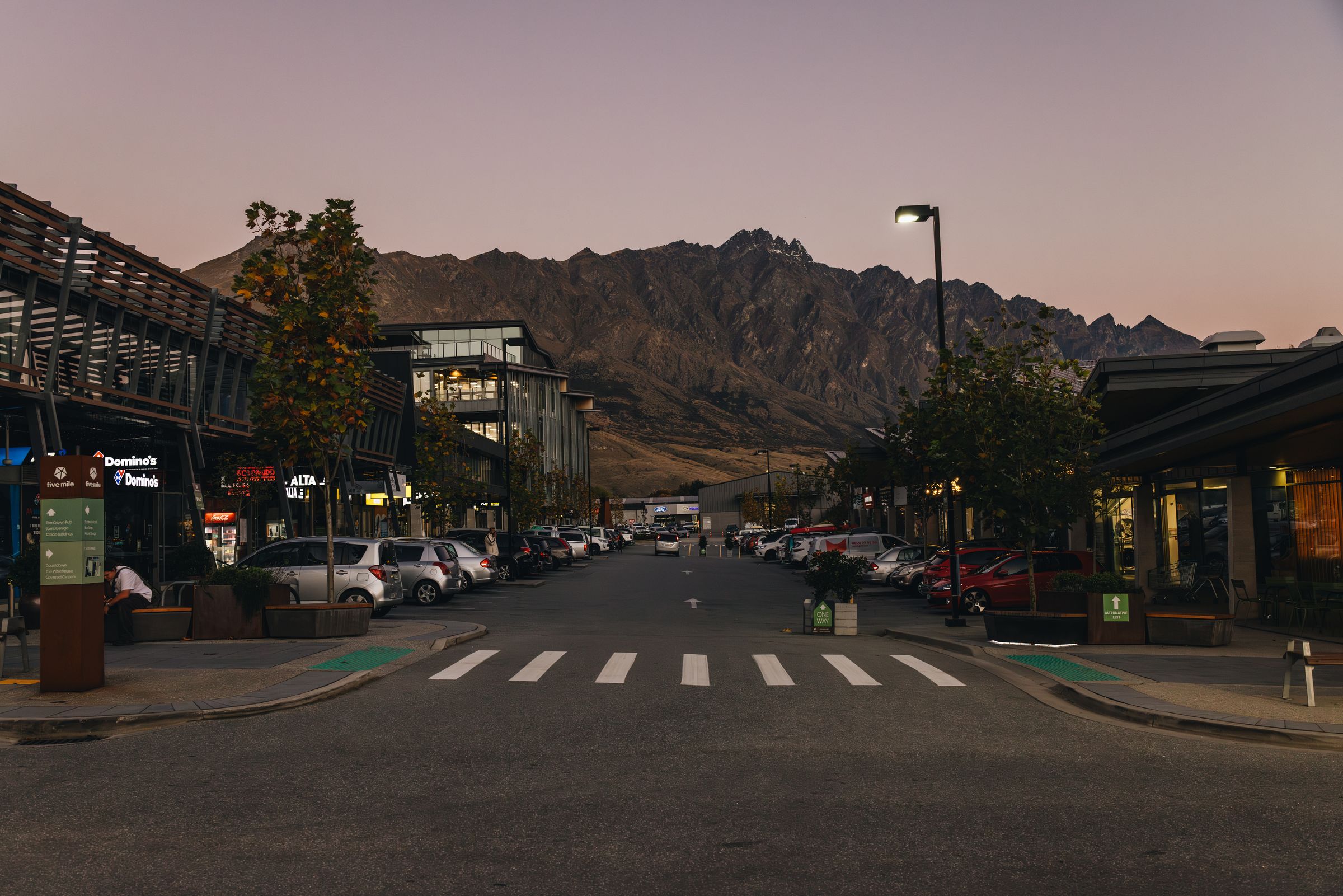 Five Mile at dusk with the shop lights on